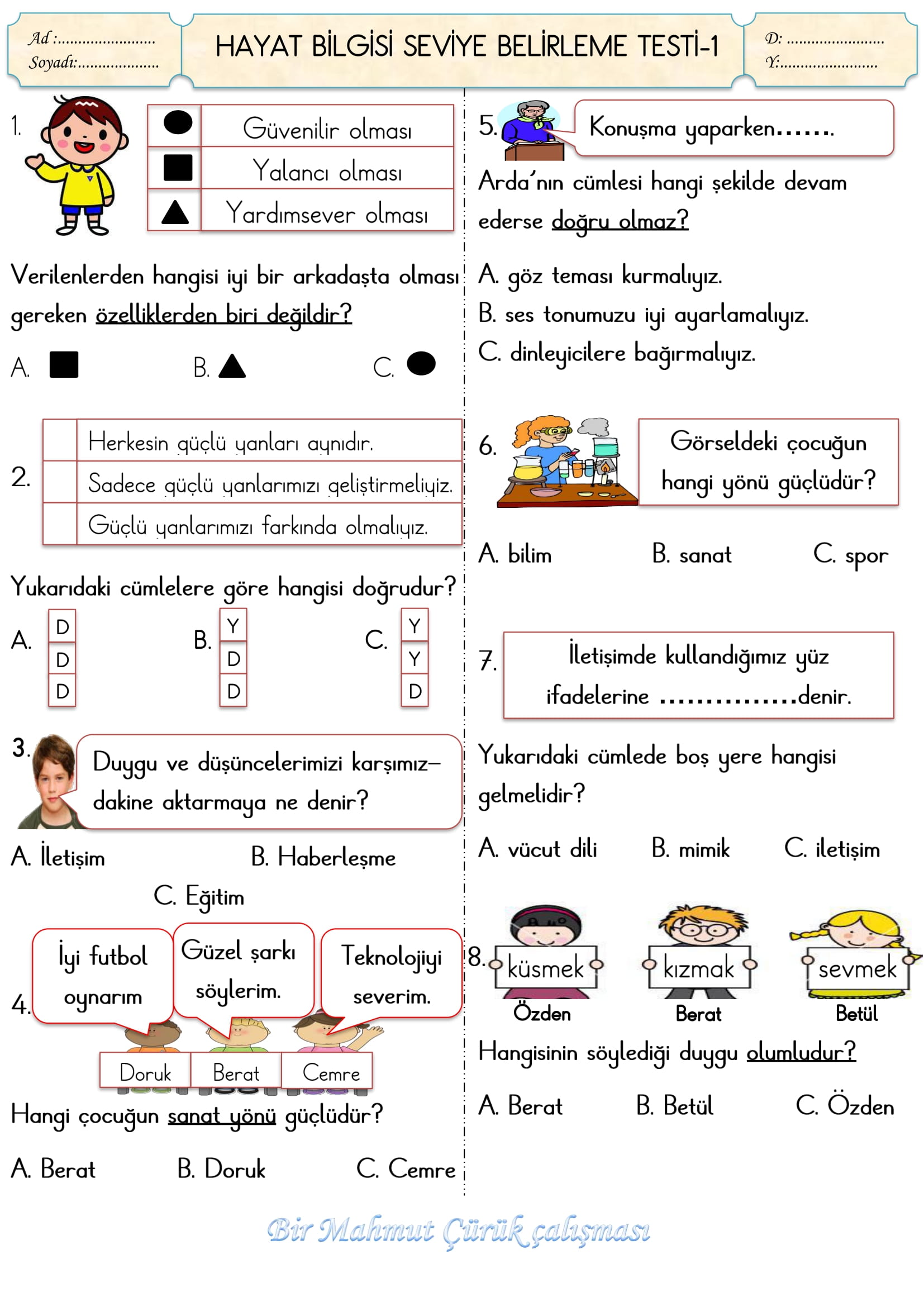2. Sınıf Hayat Bilgisi Seviye Belirleme Testi-1