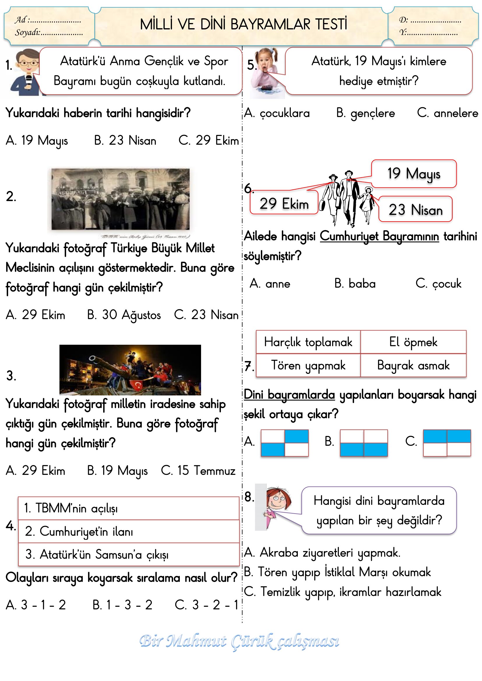 2. Sınıf Hayat Bilgisi Milli Ve Dini Bayramlar Testi