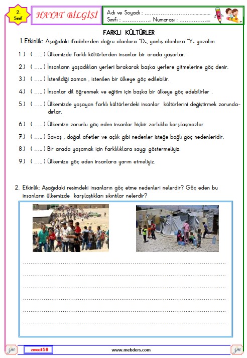 2. Sınıf Hayat Bilgisi Farklı Kültürler Etkinliği 2