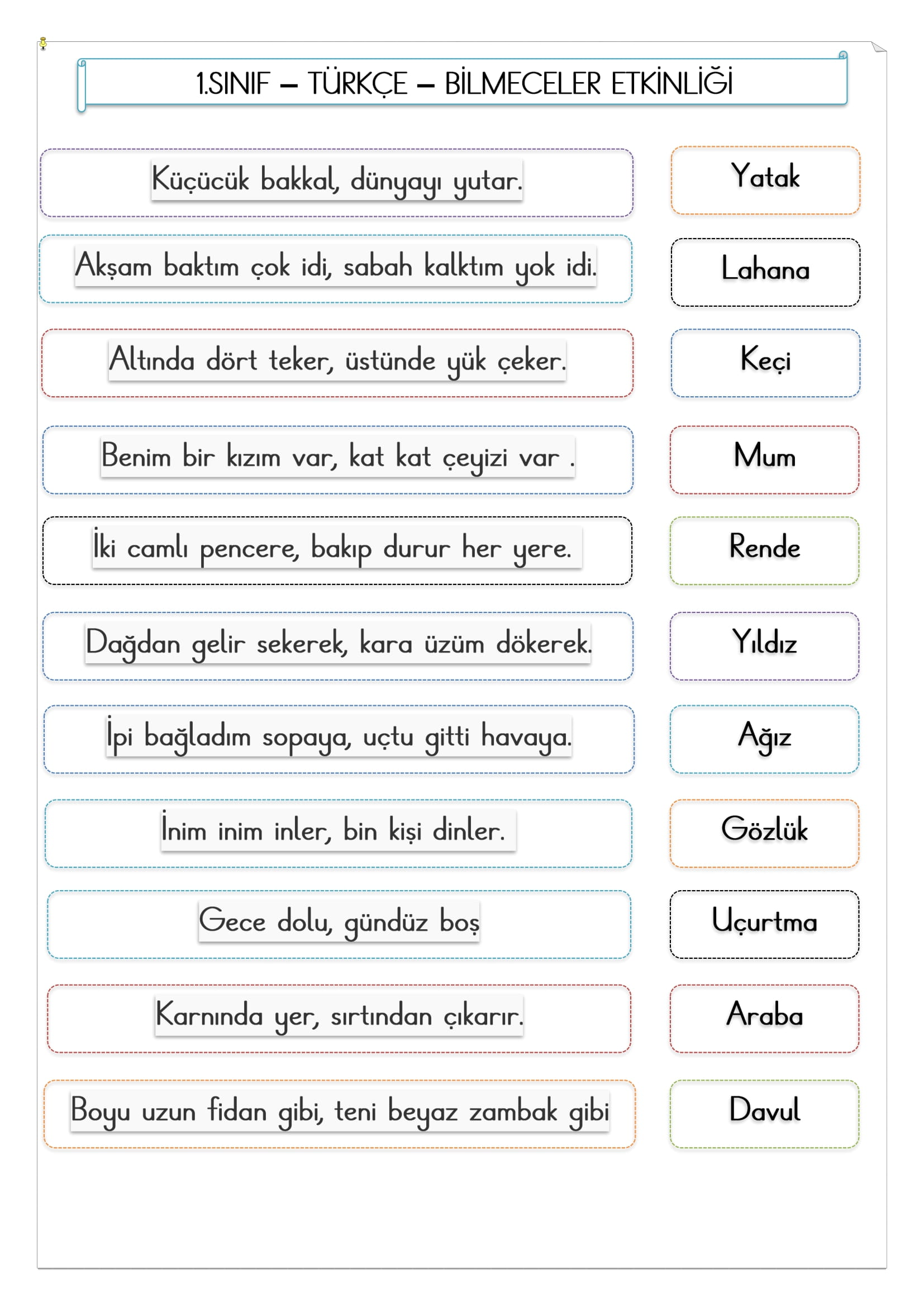 1. Sınıf - Türkçe - Bilmeceler Etkinliği