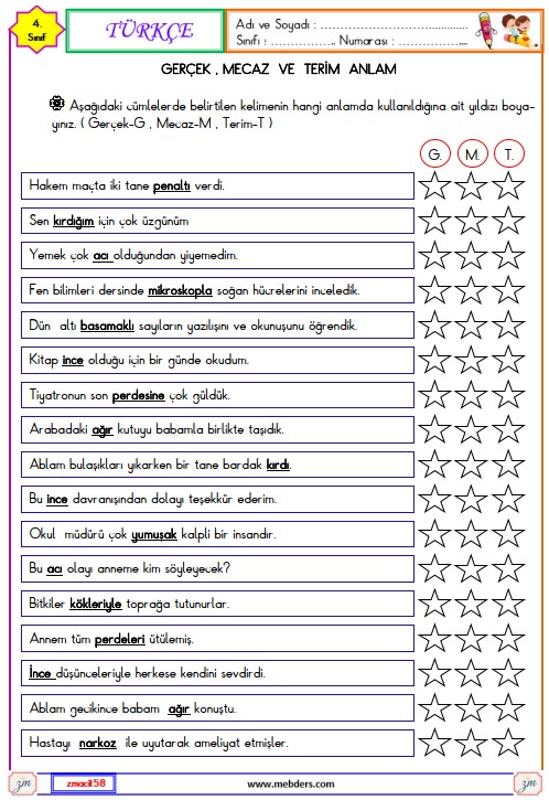 4. Sınıf Türkçe Gerçek , Mecaz ve Terim Anlam Etkinliği 6