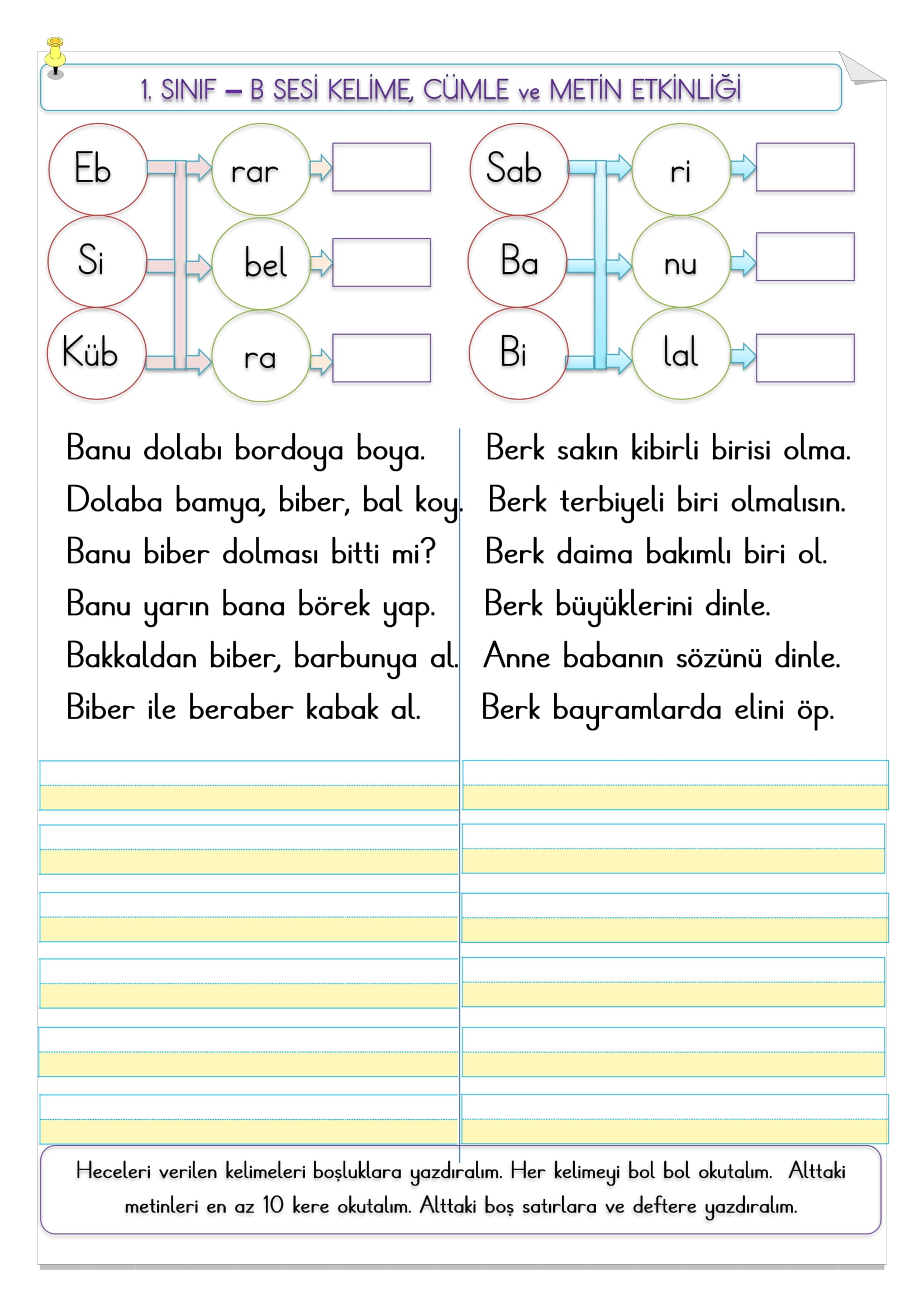 1. Sınıf İlk Okuma Yazma B Sesi Kelime, Cümle Ve Metin Etkinliği