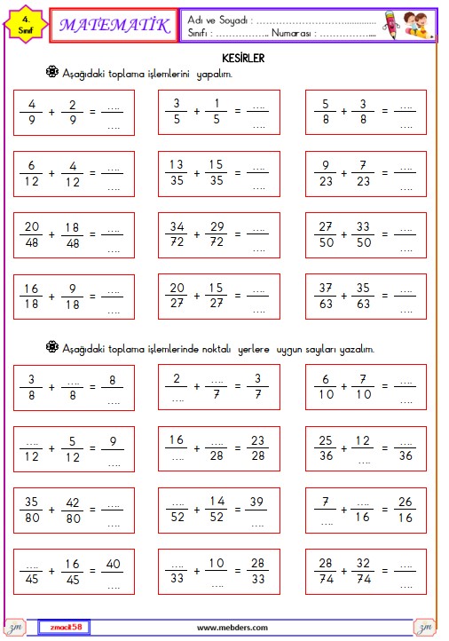 4. Sınıf Matematik Kesirler Etkinliği 18