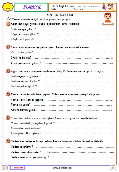 3. Sınıf Türkçe 5 N 1 K Soruları Etkinliği