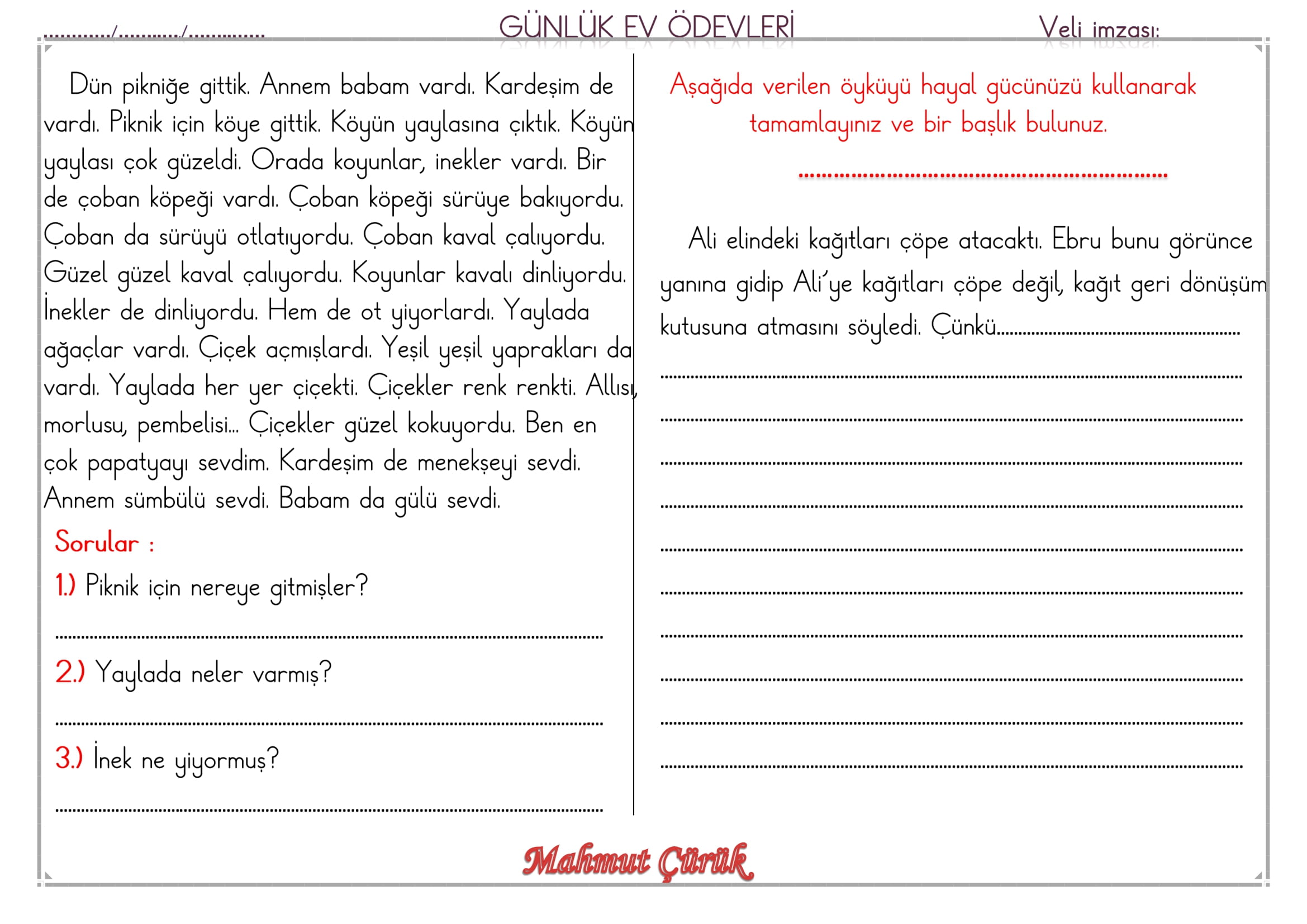 1. Sınıf 09 Mayıs 2025 Günlük Ev Ödevi