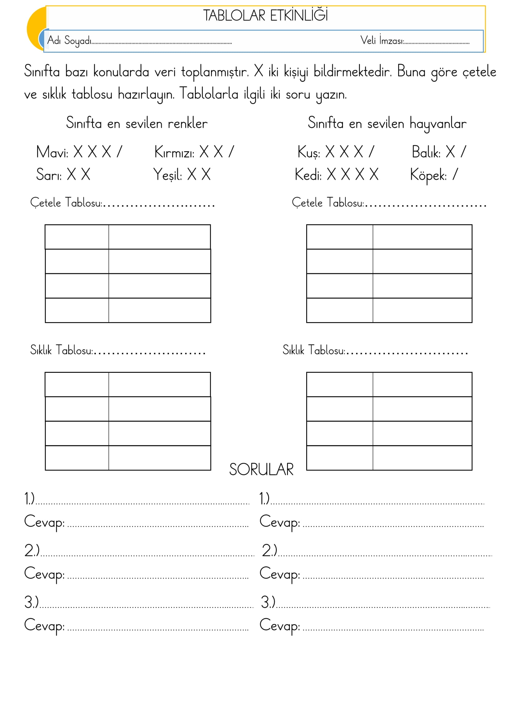 1. Sınıf Matematik Tablolar Etkinliği-3