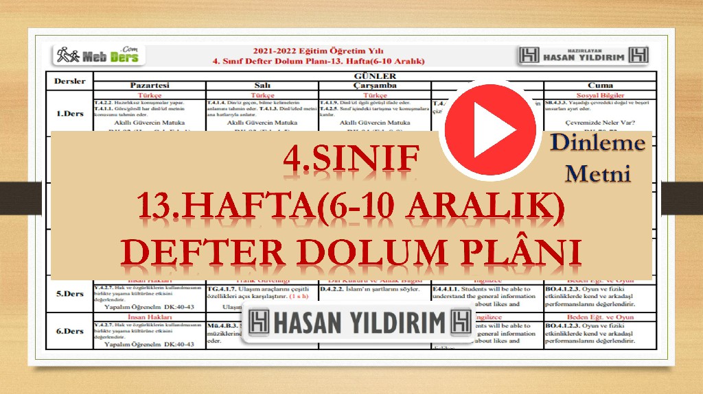 4. Sınıf 13.Hafta(6-10 Aralık) Defter Dolum Planı