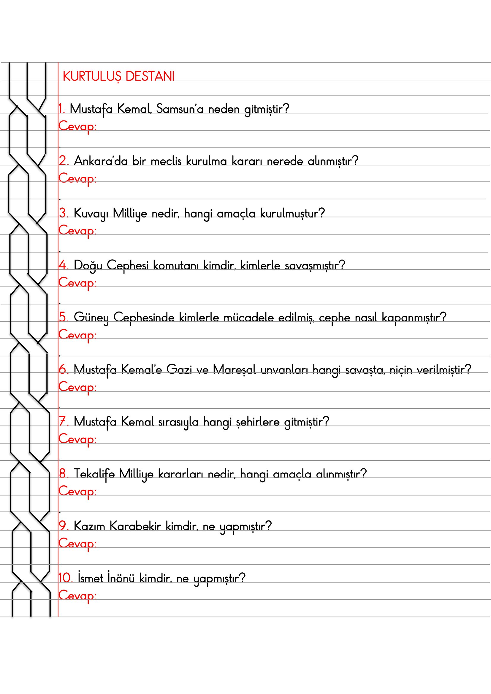 4. Sınıf - Sosyal Bilgiler - Kurtuluş Destanı Açık Uçlu Sorular