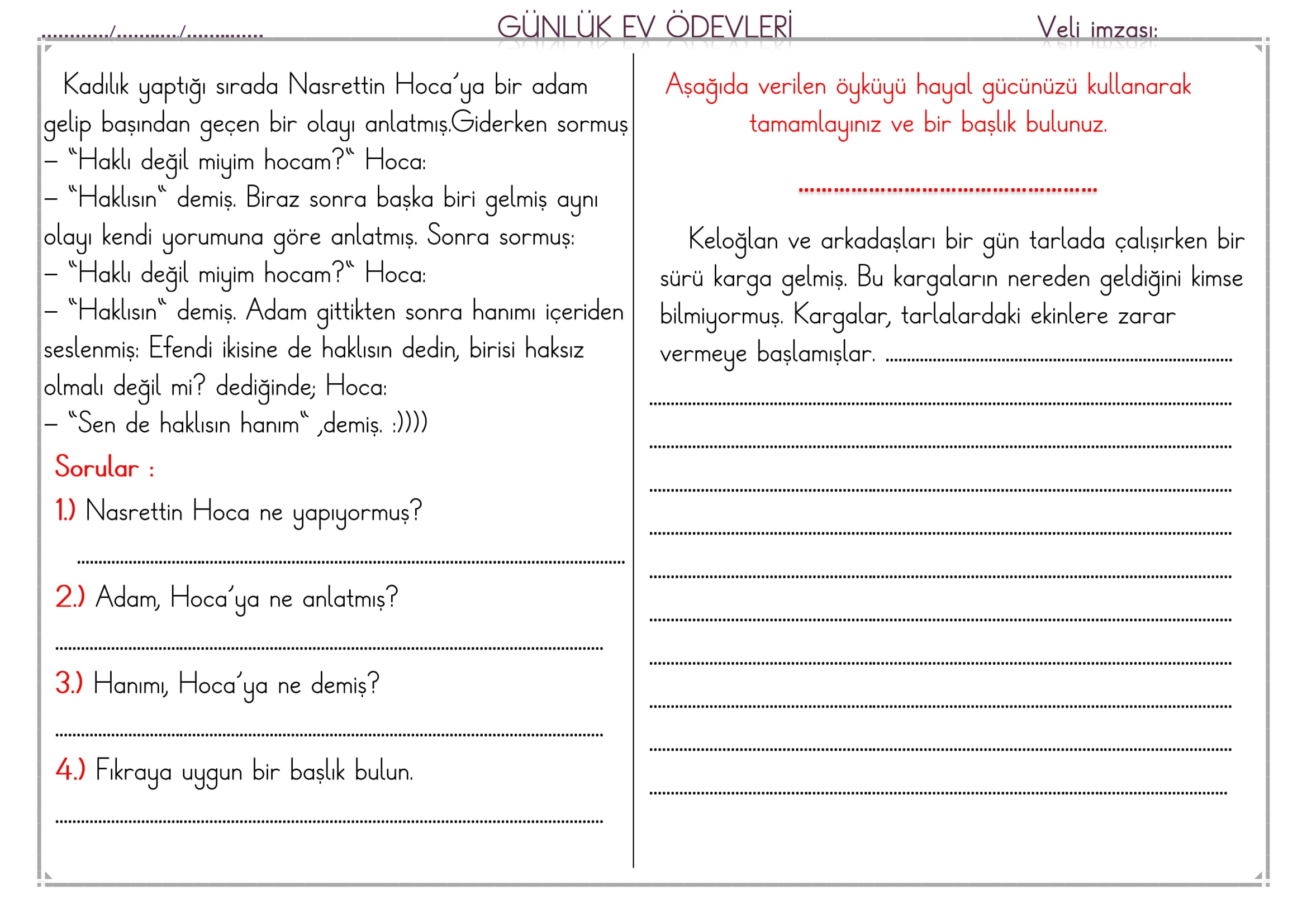 1. Sınıf 18 Nisan 2025 Günlük Ev Ödevi