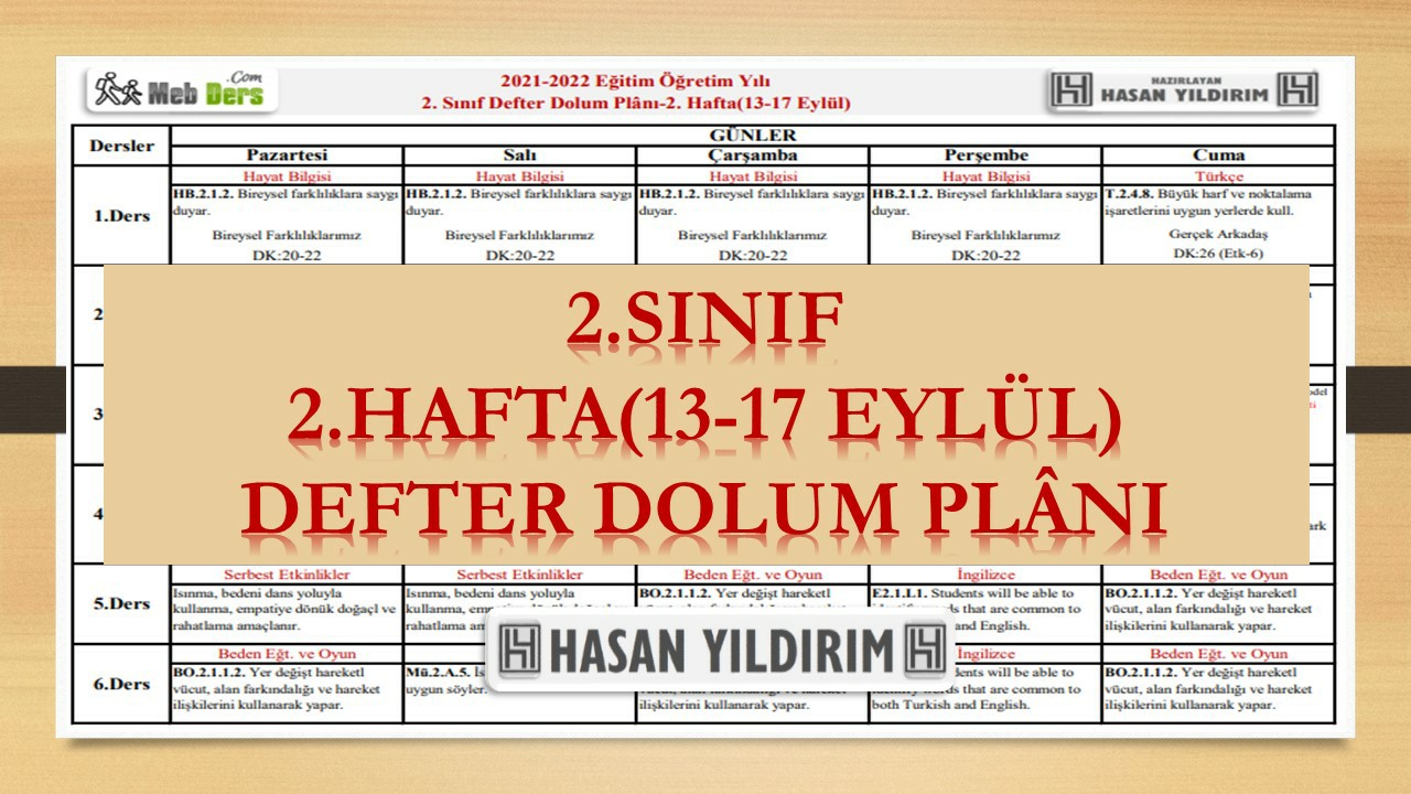 2. Sınıf 2.Hafta(13-17 Eylül) Defter Dolum Planı