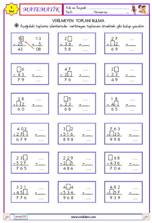 3. Sınıf Matematik Verilmeyen Toplananı Bulma Etkinliği 2