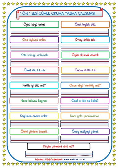 1. Sınıf Ö-ö Sesi Cümle Okuma Yazma Çalışması (17 Farklı Cümle)