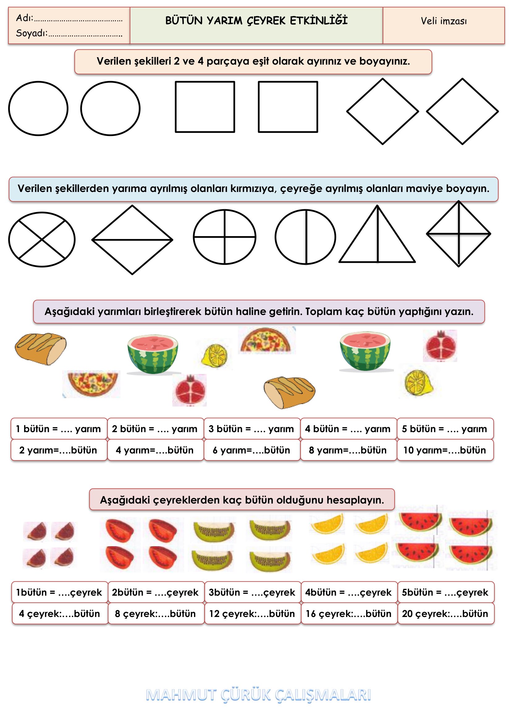 2. Sınıf - Matematik - Bütün Yarım Çeyrek Etkinliği-4