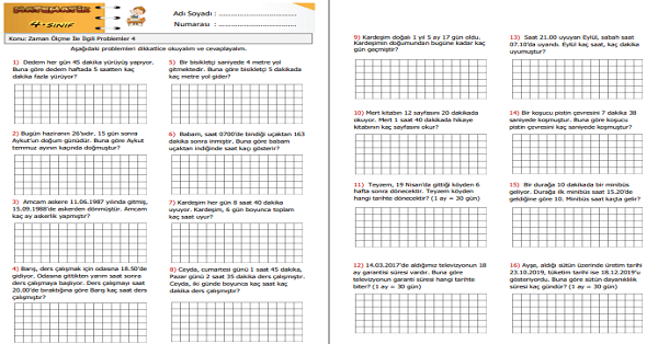 4. Sınıf Matematik Zaman Ölçme İle İlgili Problemler 4