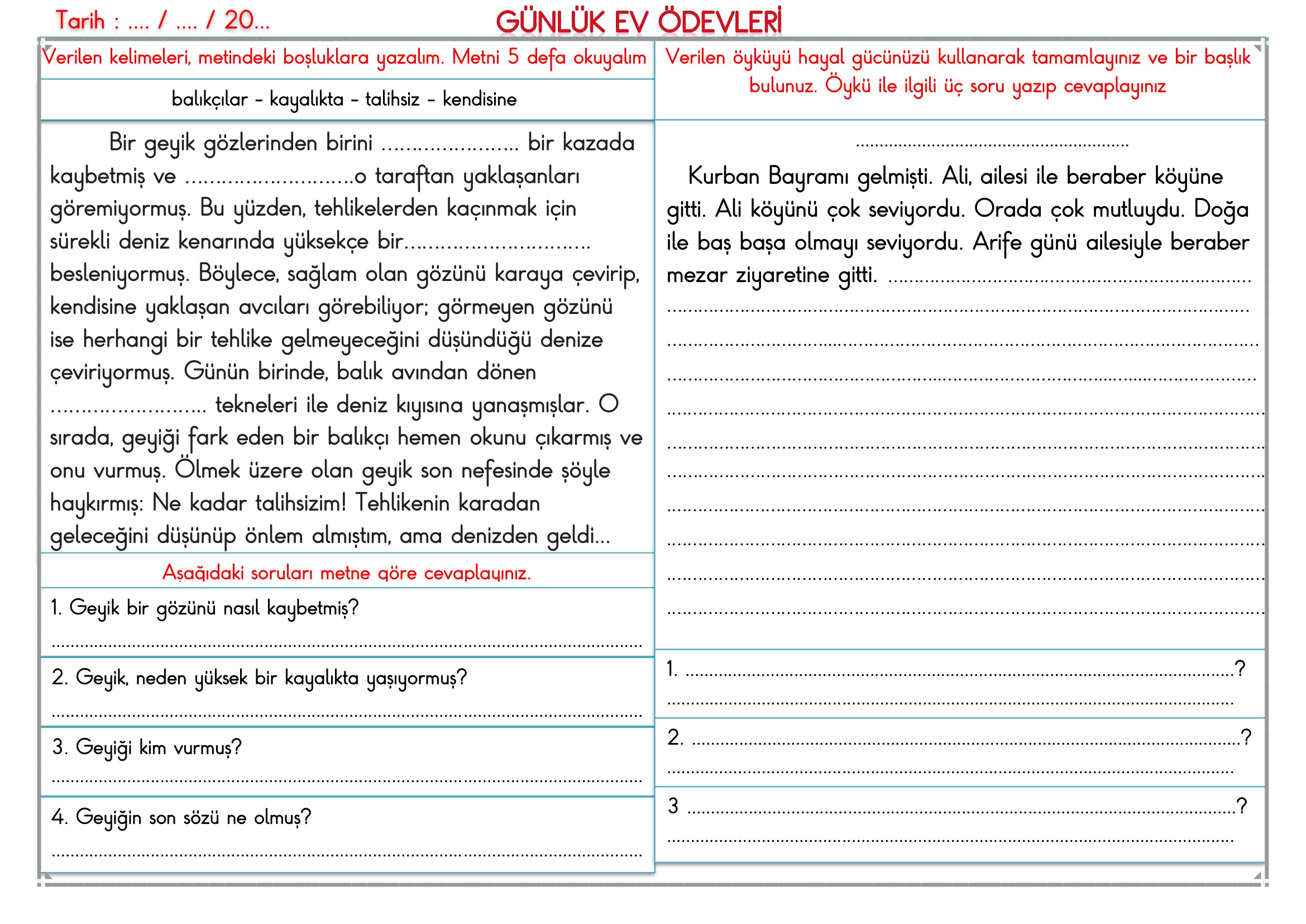 2. Sınıf - 15 Haziran 2026 Günlük Ev Ödevleri