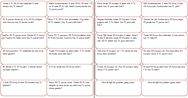 3. Sınıf - Matematik Para Problemleri Etkinliği 10