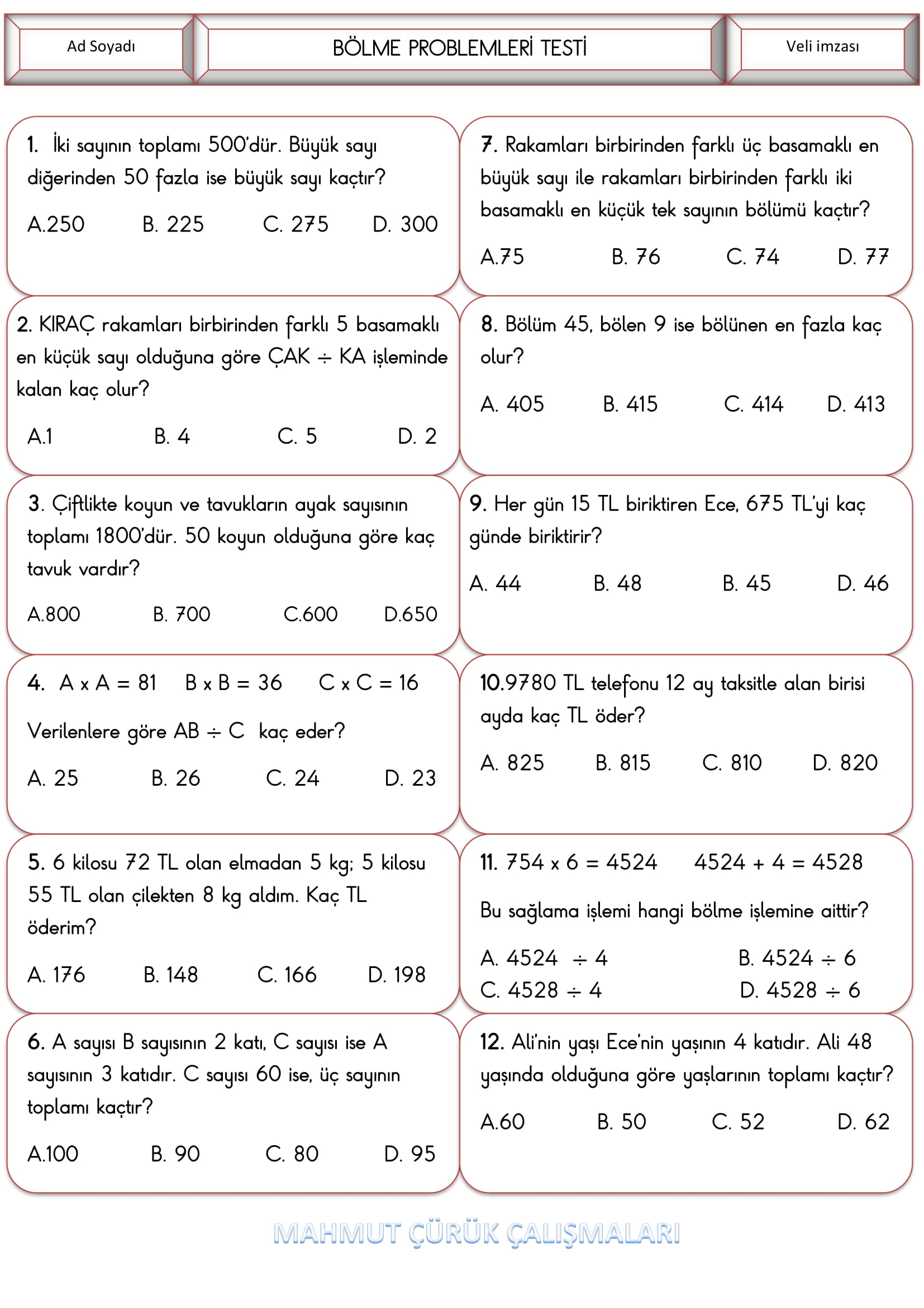 4. Sınıf - Matematik Bölme Problemleri Testi