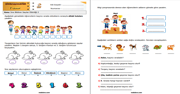 1. Sınıf Matematik Sıra Bildiren Sayılar Etkinliği 2