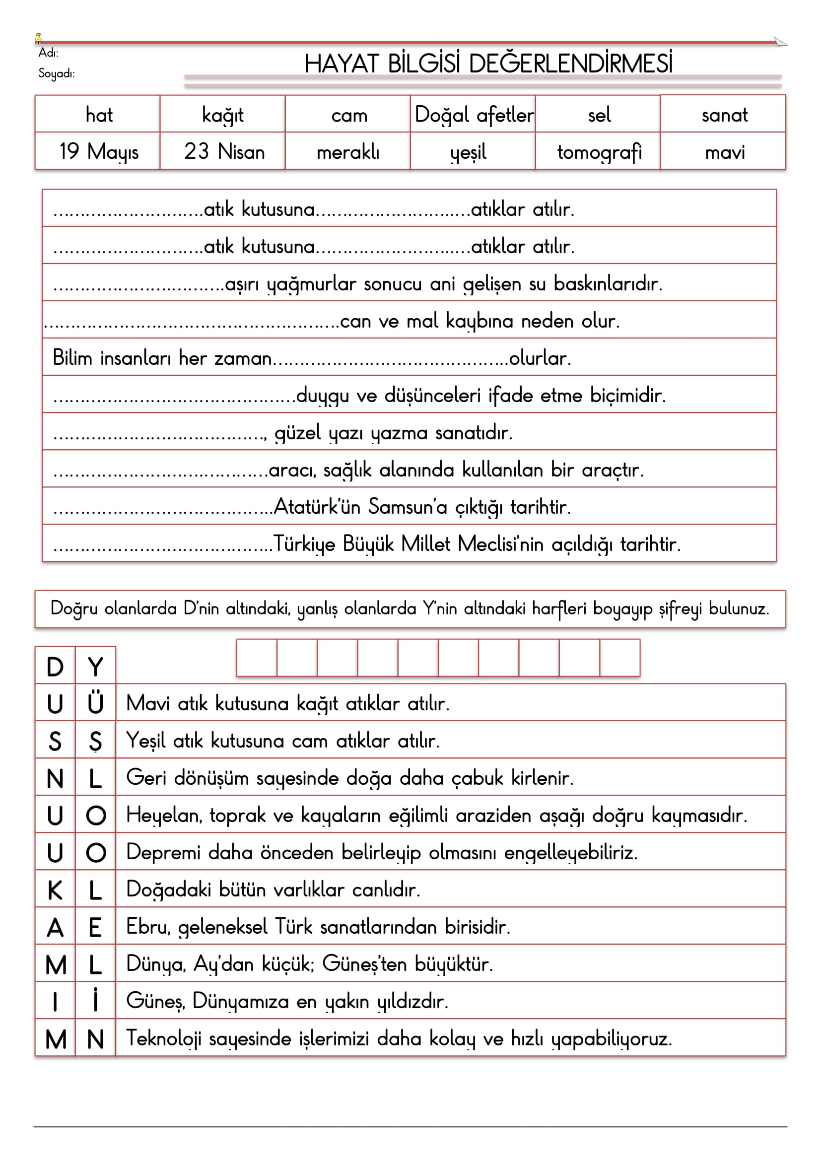 1. Sınıf - Hayat Bilgisi Genel Değerlendirmesi