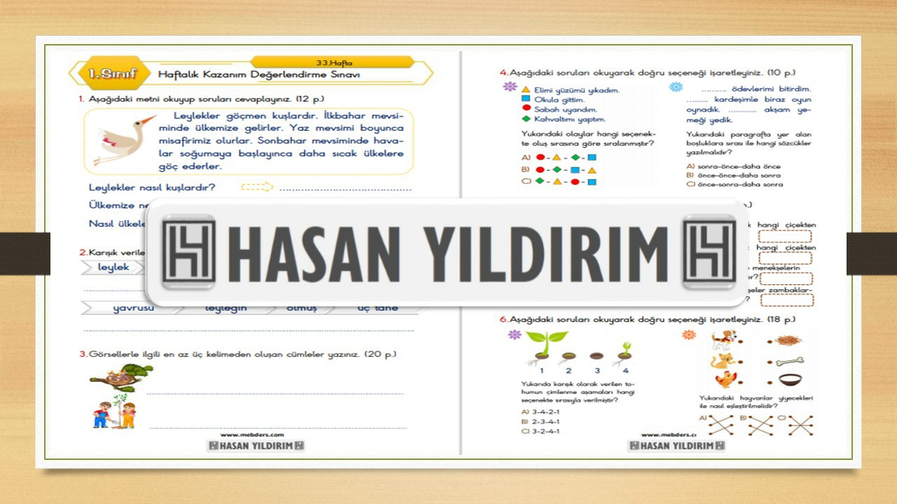 1. Sınıf Haftalık Değerlendirme Sınavı-33.Hafta(31 Mayıs-4 Haziran)