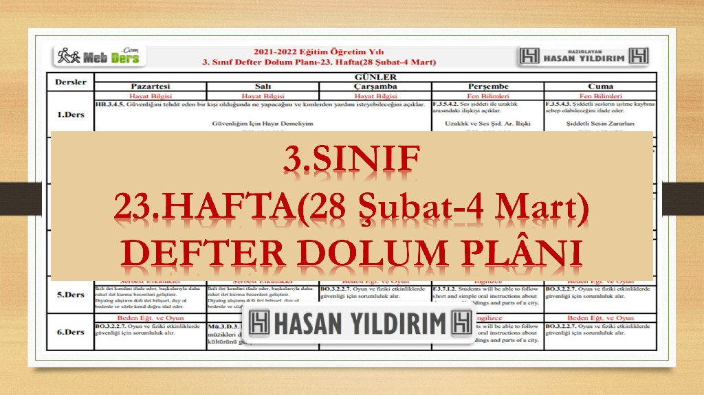 3. Sınıf 23.Hafta(28 Şubat-4 Mart) Defter Dolum Planı