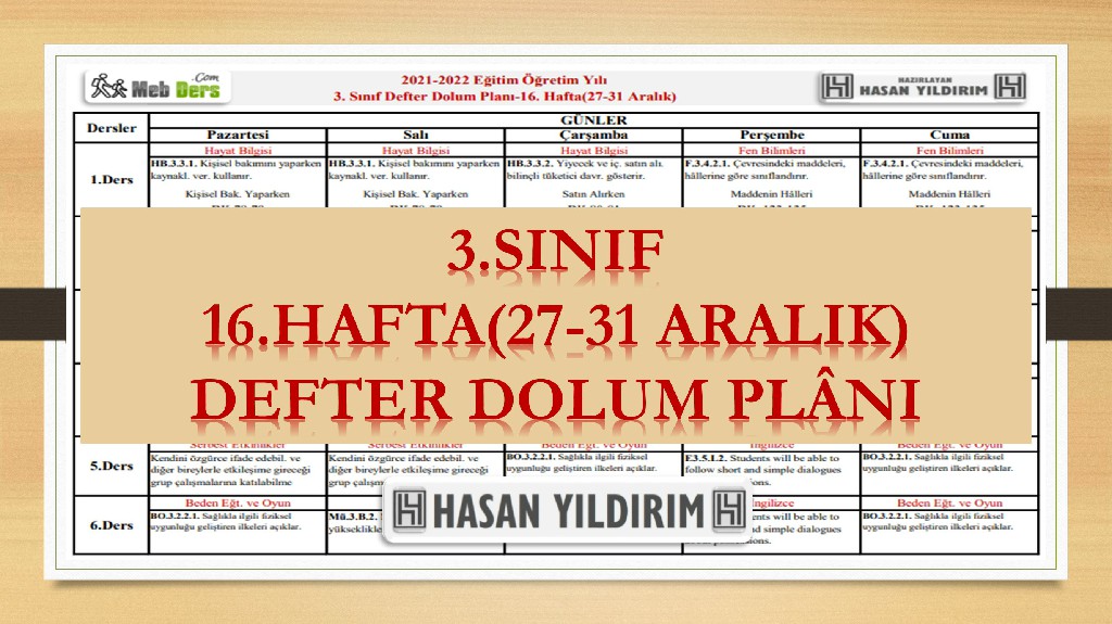 3. Sınıf 16.Hafta(27-31 Aralık) Defter Dolum Planı