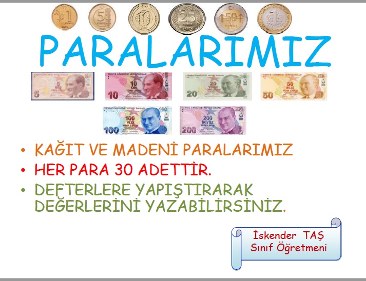 1. Sınıf Paralarımız Deftere Yapıştırma Çalışması (Her para 30 adettir)
