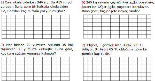 4. Sınıf Matematik Karışık Problemler Etkinliği 2