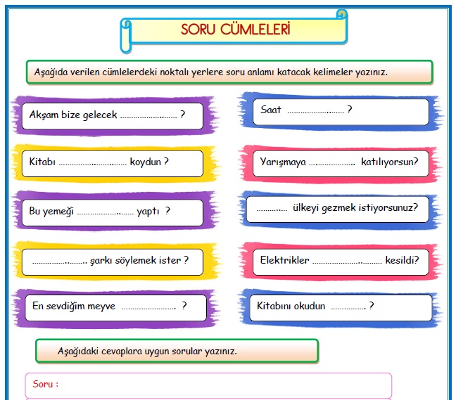 2. Sınıf Türkçe Soru Cümleleri Etkinlik Çalışması