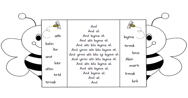 1.İlk Okuma Yazma (I-ı Sesi) Arılı Boşluk Doldurma-Karesel Metinli 2 Şablon