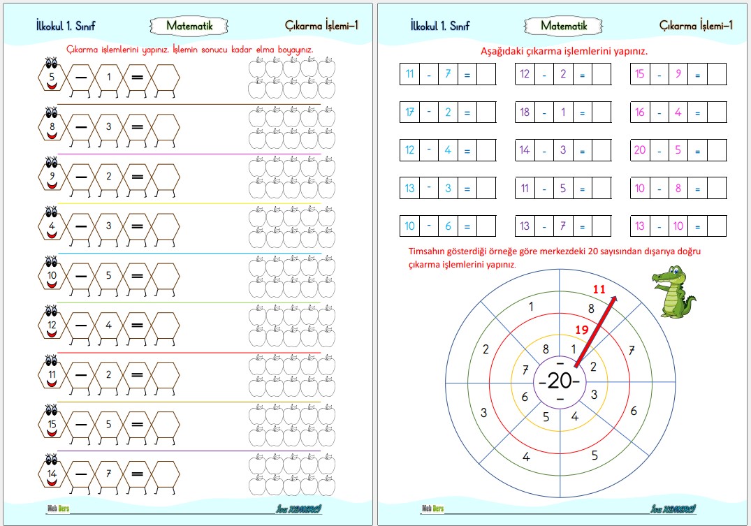 1. Sınıf Matematik Çıkarma İşlemi Çalışma Sayfası 1