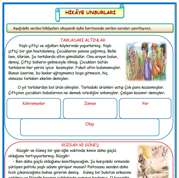 2. Sınıf Türkçe Hikaye Unsurları Etkinlik Çalışması