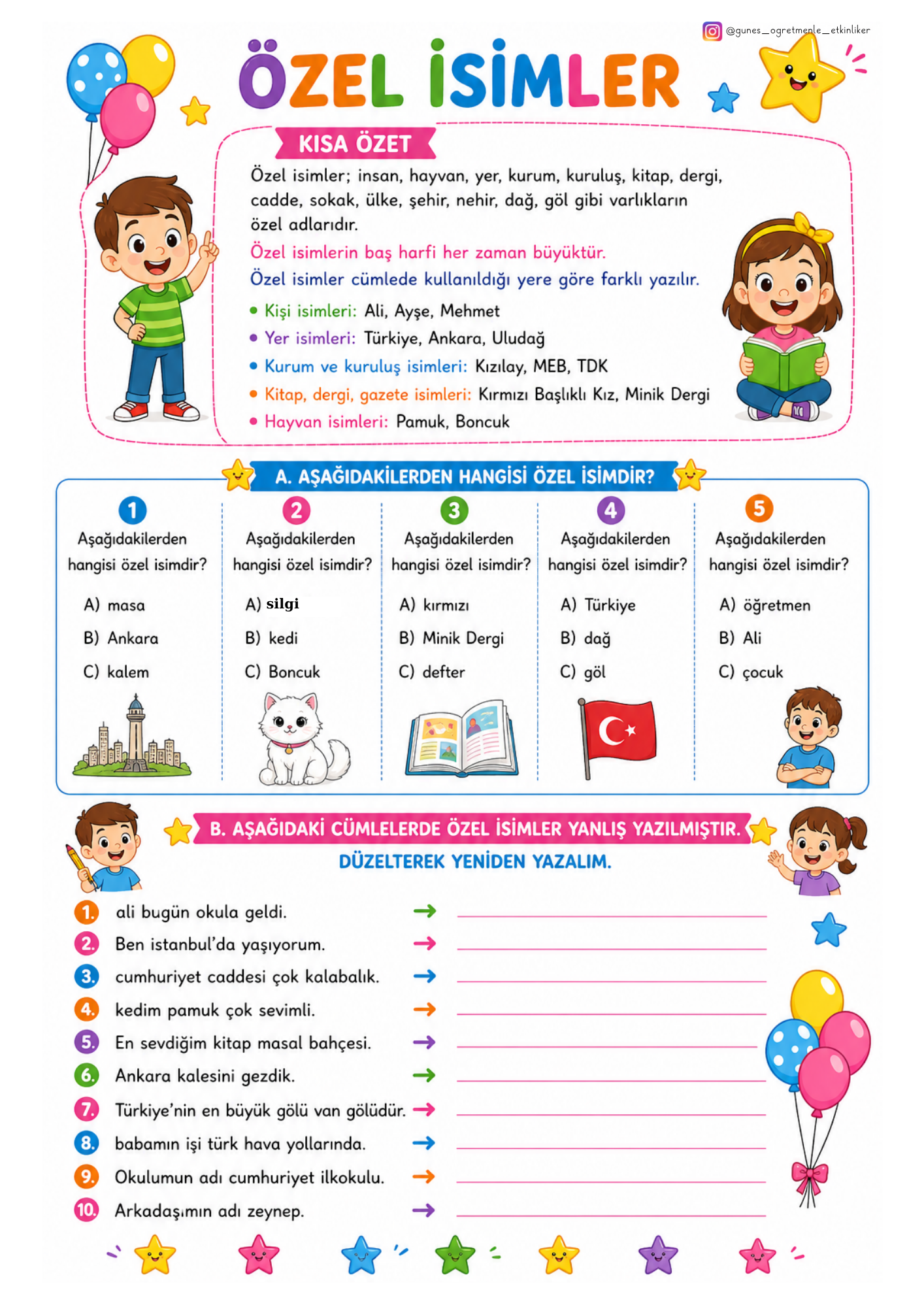 1. Sınıf Türkçe Özel İsimler (5 Sayfa)