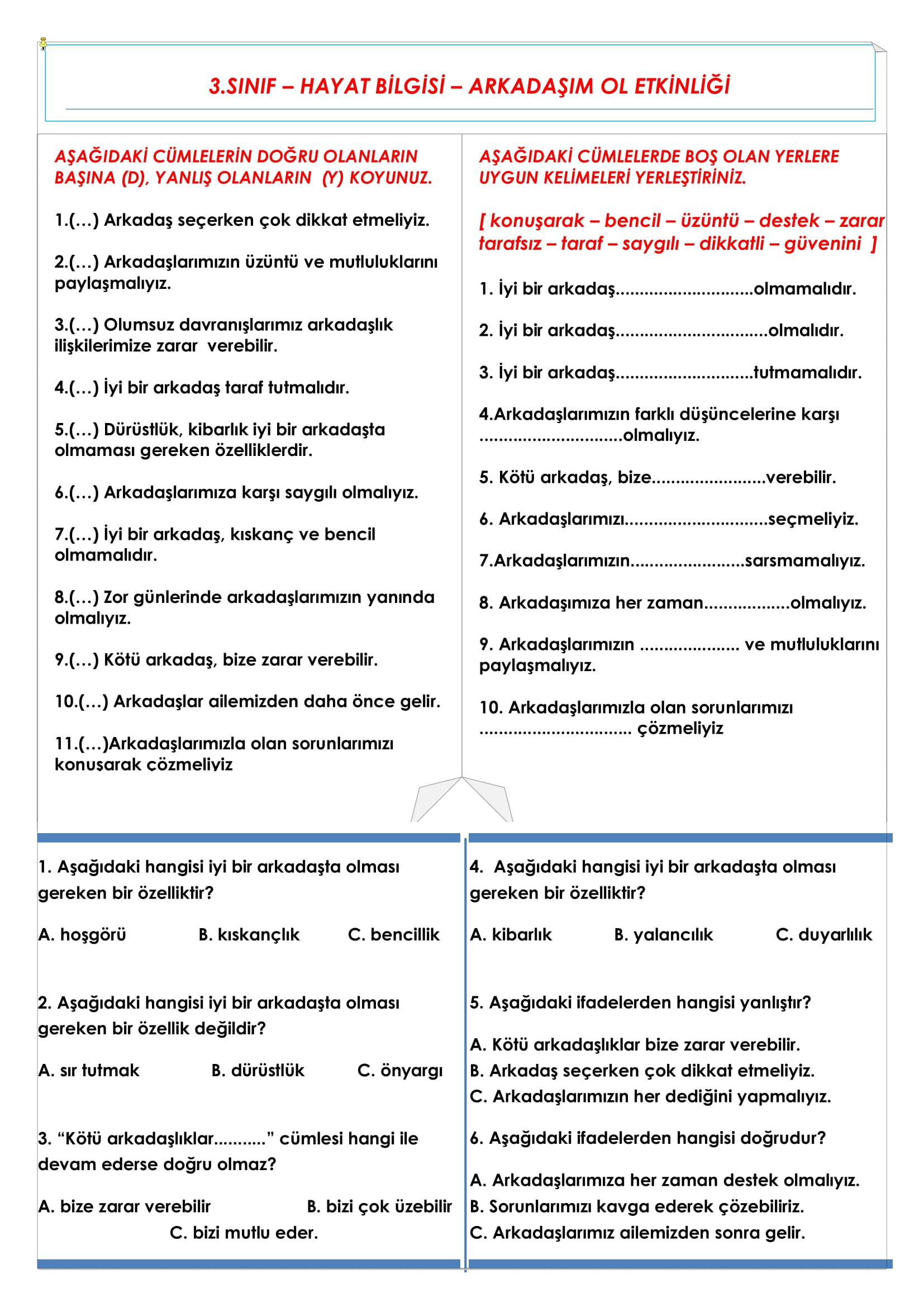 3. Sınıf - Hayat Bilgisi Arkadaşım Ol Etkinliği