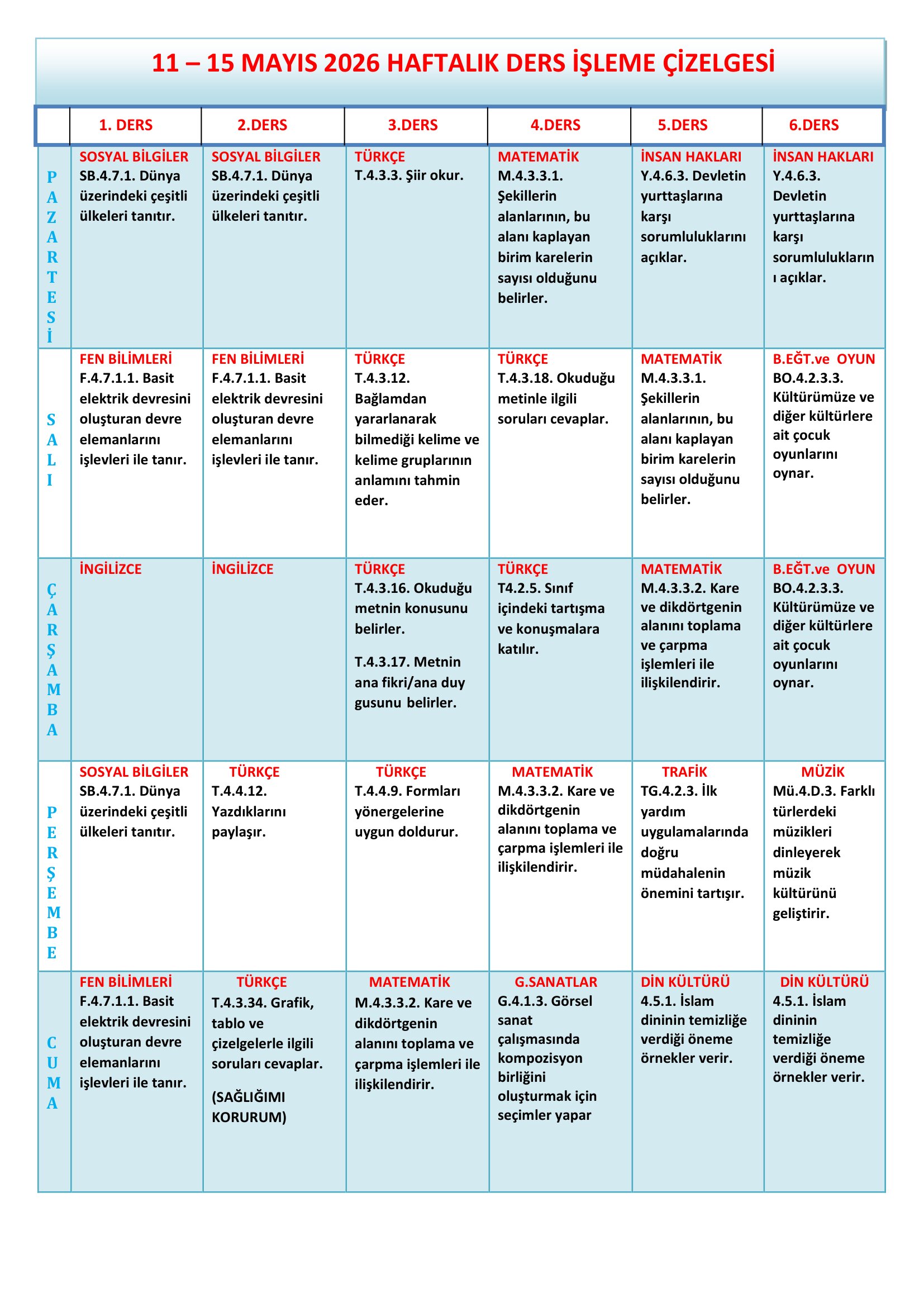 4. Sınıf 11 - 15 Mayıs 2026 Haftalık Ders İşleme Çizelgesi.doc