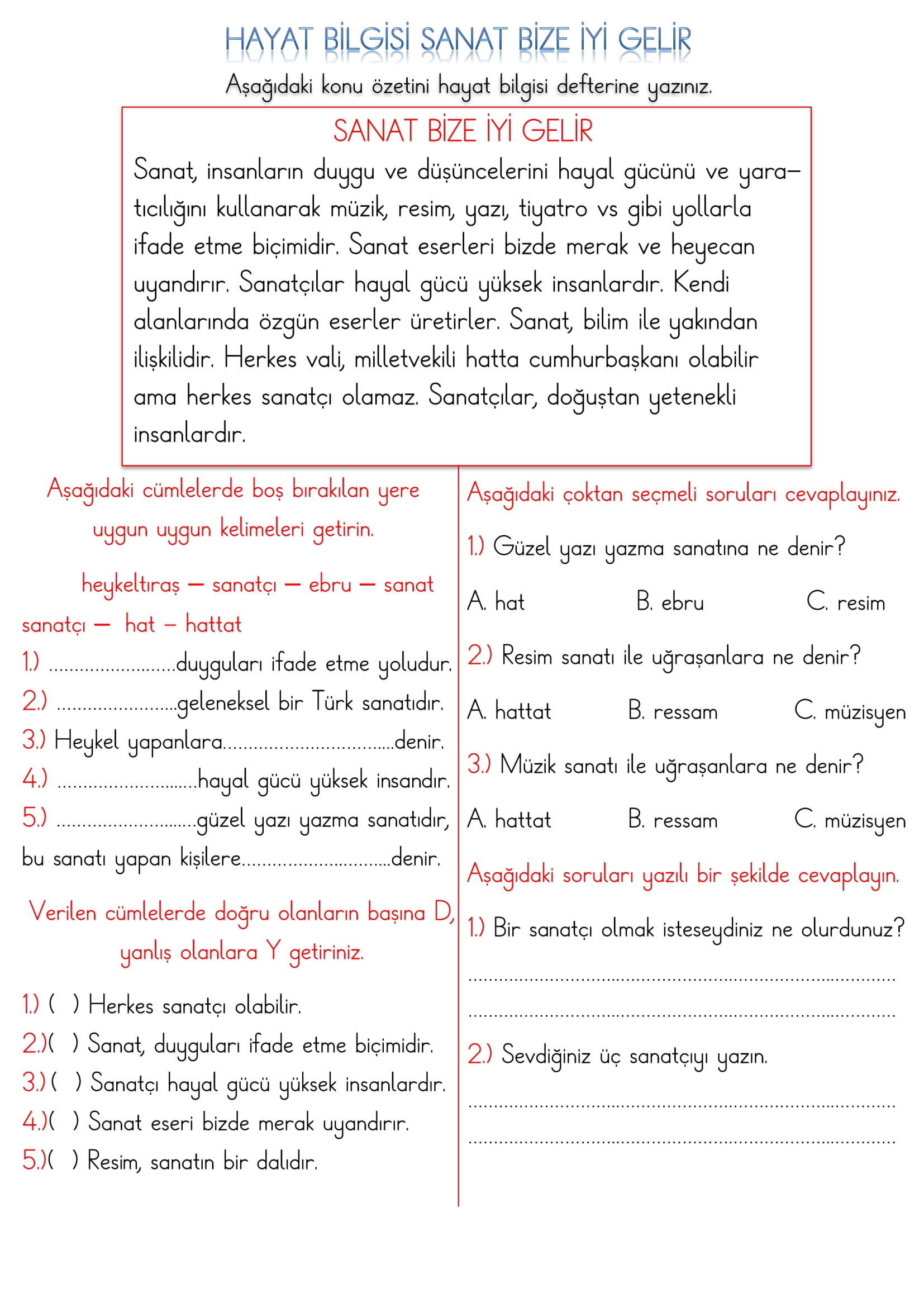1. Sınıf Hayat Bilgisi Sanat Bize İyi Gelir Etkinliği