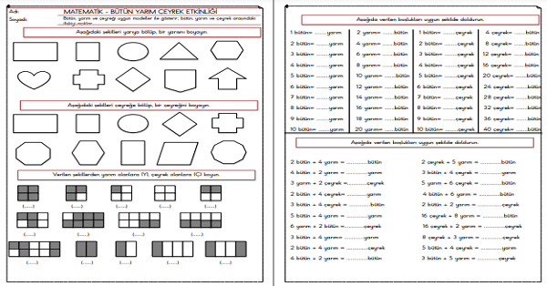 2. Sınıf - Matematik - Bütün Yarım Çeyrek Etkinliği-2