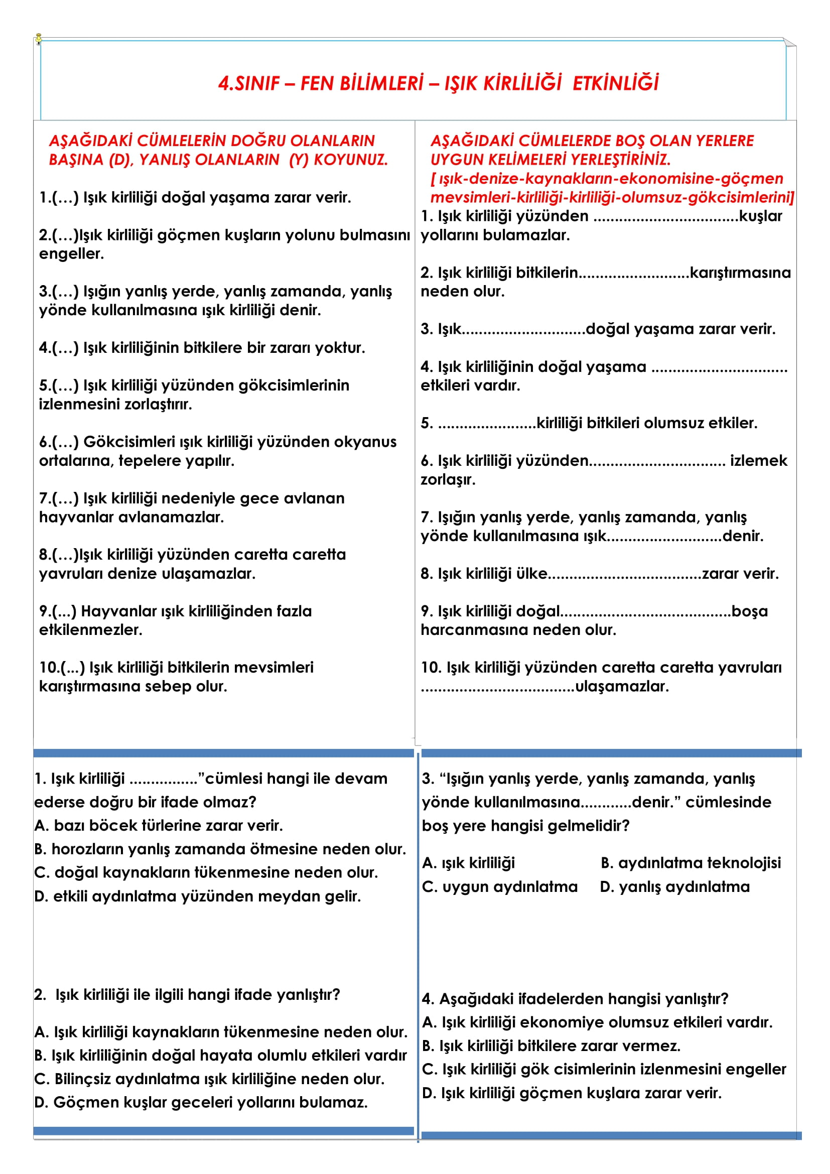4. Sınıf Fen Bilimleri Işık Kirliliği Etkinliği