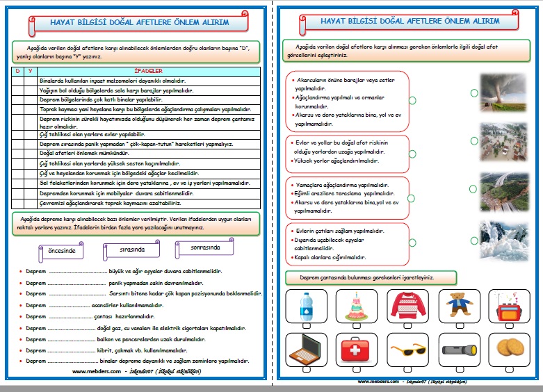 2. Sınıf Hayat Bilgisi Doğal Afetlere Önlem Alırım Etkinlik Çalışması