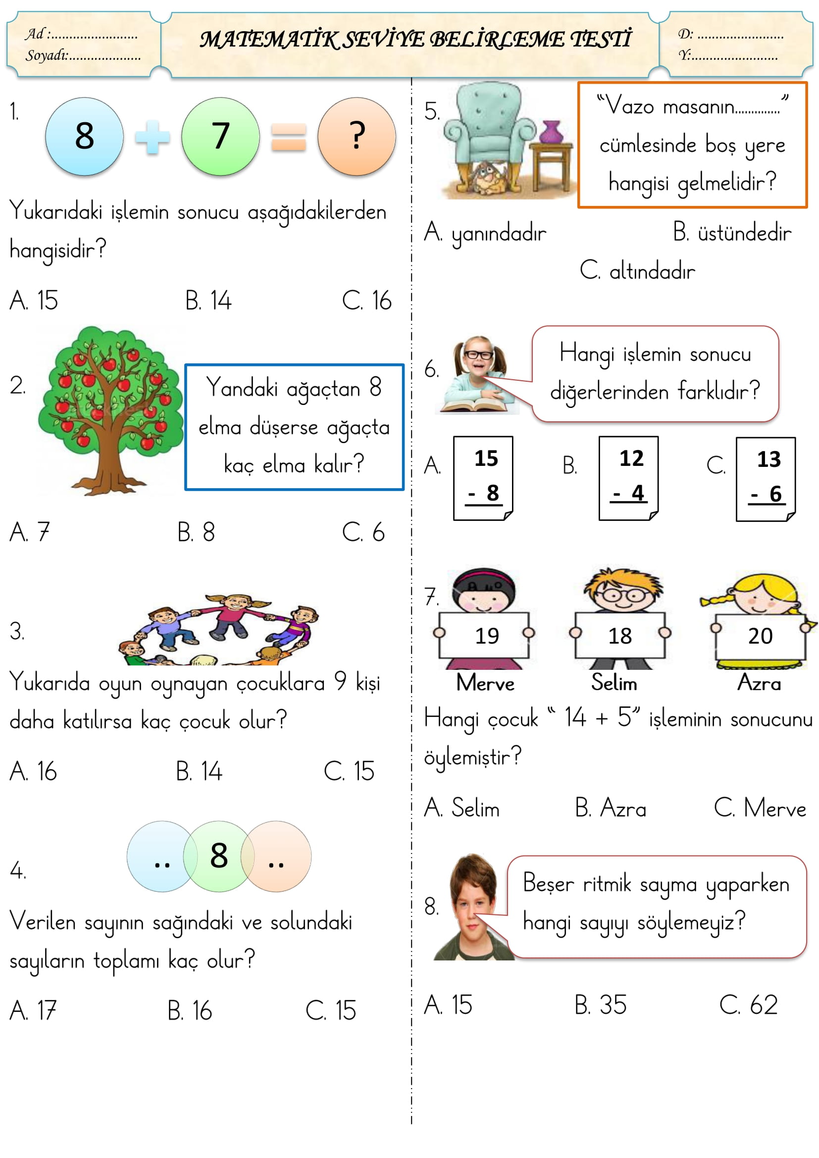 1. Sınıf Matematik Seviye Belirleme Testi-1