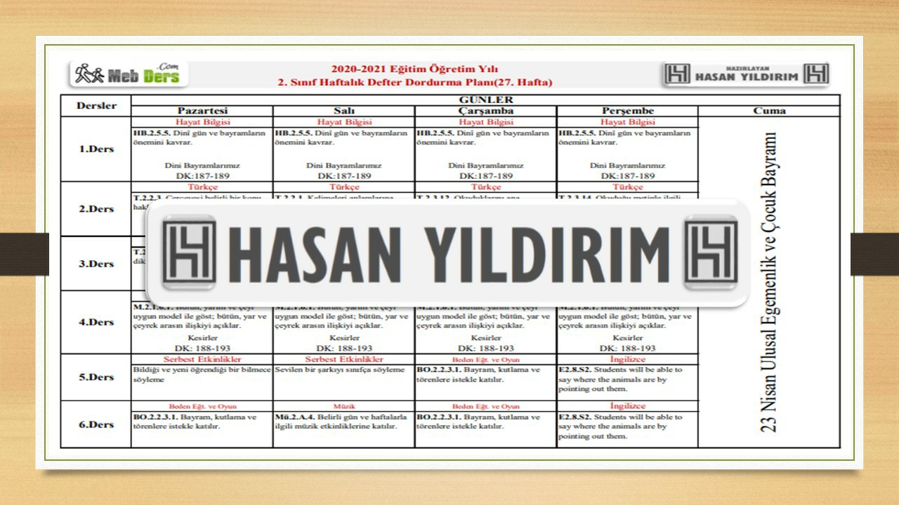 2. Sınıf 27.Hafta(19-22 Nisan) Defter Dolum Planı