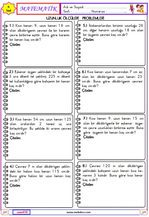 4. Sınıf Matematik Çevre Ölçme ile İlgili Problemler Etkinliği 14
