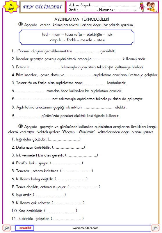 4. Sınıf Fen Bilimleri Aydınlatma Teknolojileri Etkinliği 2
