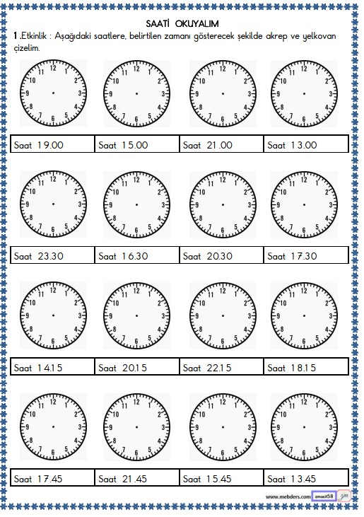 2. Sınıf Matematik Zamanı Ölçme, Saat Etkinliği 24