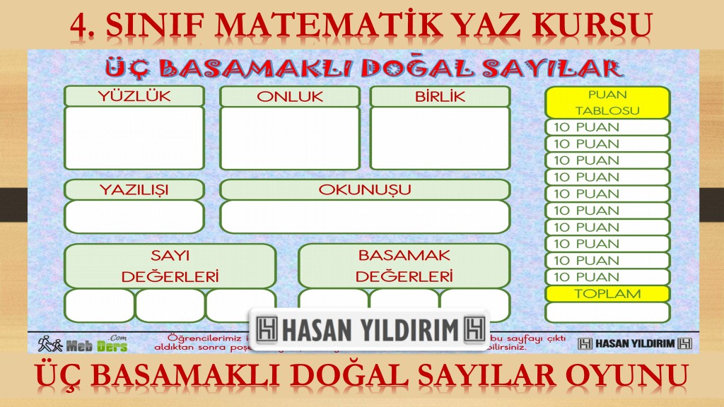 4. Sınıf Matematik Yaz Kursu - Üç Basamaklı Doğal Sayılar Oyunu