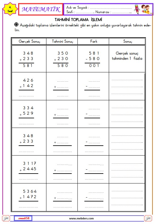 4. Sınıf Matematik Toplamı Tahmin Etme Etkinliği
