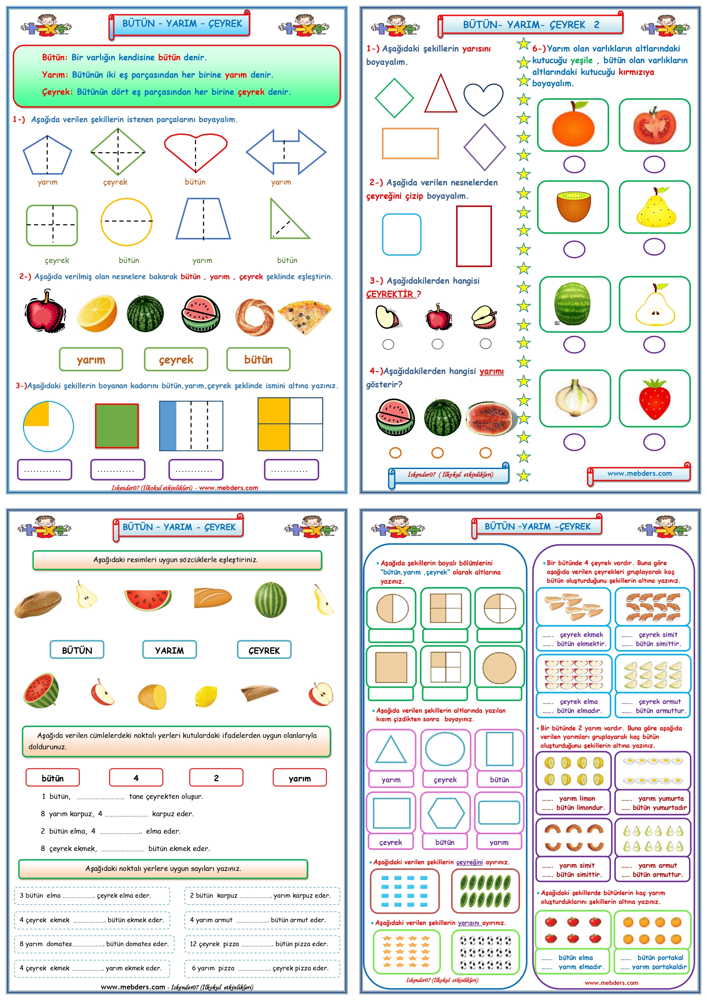 2. Sınıf Matematik Kesirler Bütün-Yarım-Çeyrek Çalışması (4 Sayfa)