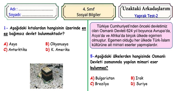 4. Sınıf Sosyal Bilgiler Uzaktaki Arkadaşlarım Yaprak Test 2