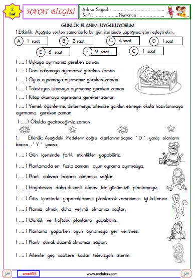2. Sınıf Hayat Bilgisi Günlük Planımı Uyguluyorum  Etkinliği