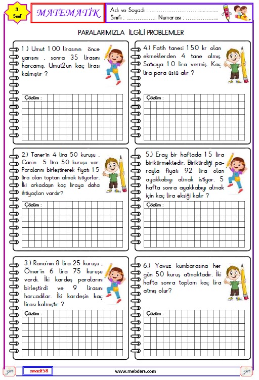 3. Sınıf Matematik Paralarımızla İlgili Problemler Etkinliği 6